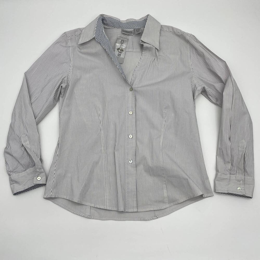 New CHICO's Shirt Stripe Surprise Long Sleeve Button Up Shirt Womens Size 2 / L